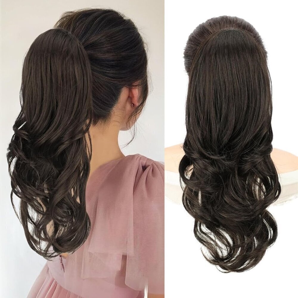 Ponytail Extensions, 16 inch Dark Brown Long Drawstring Wavy Clip in Ponytail Ha